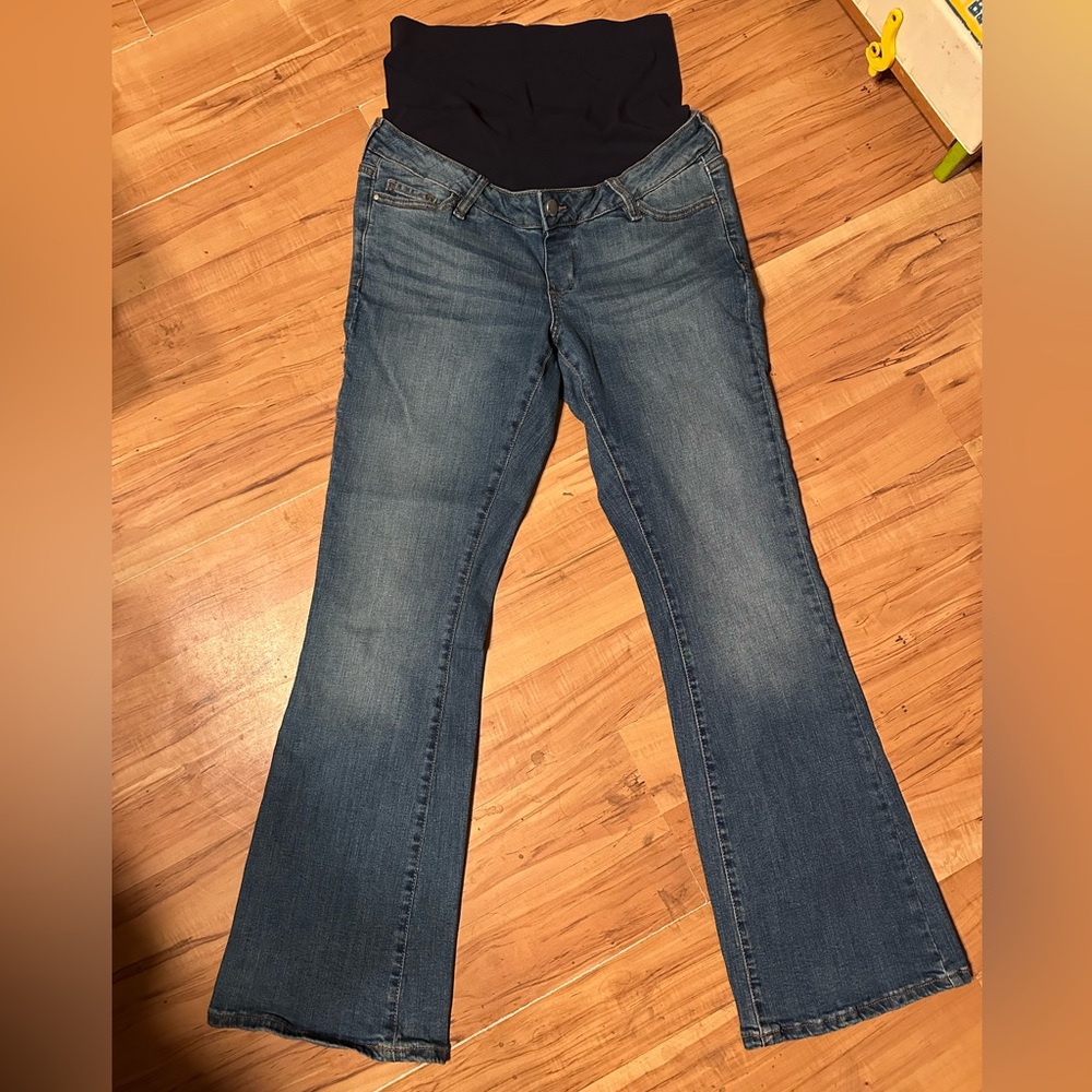 Seraphine Blue Denim Maternity Flare Jeans with Black Waist Panel